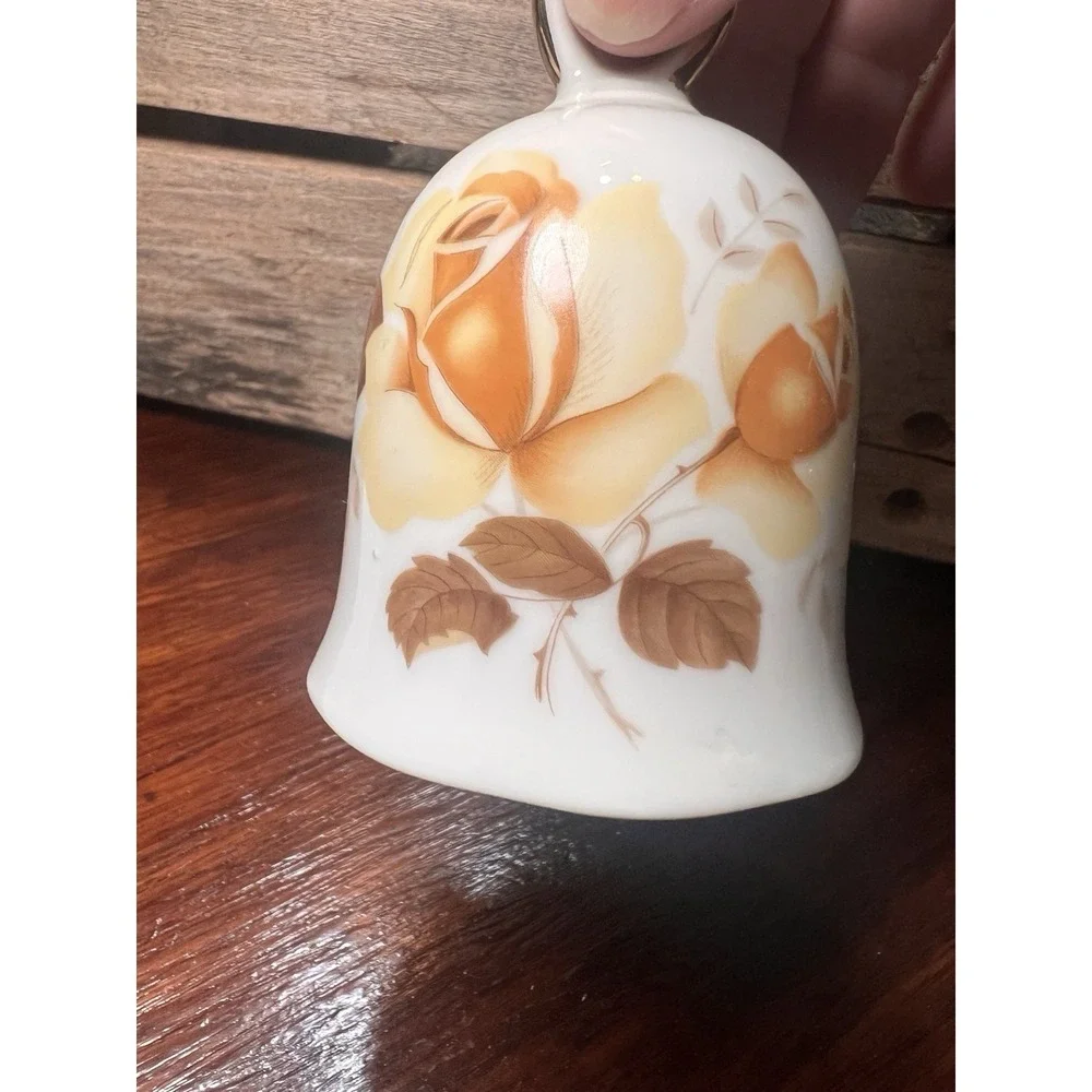 Ceramic Bell with Yellow Rose Vintage Cottage Core Gold Tone accents
